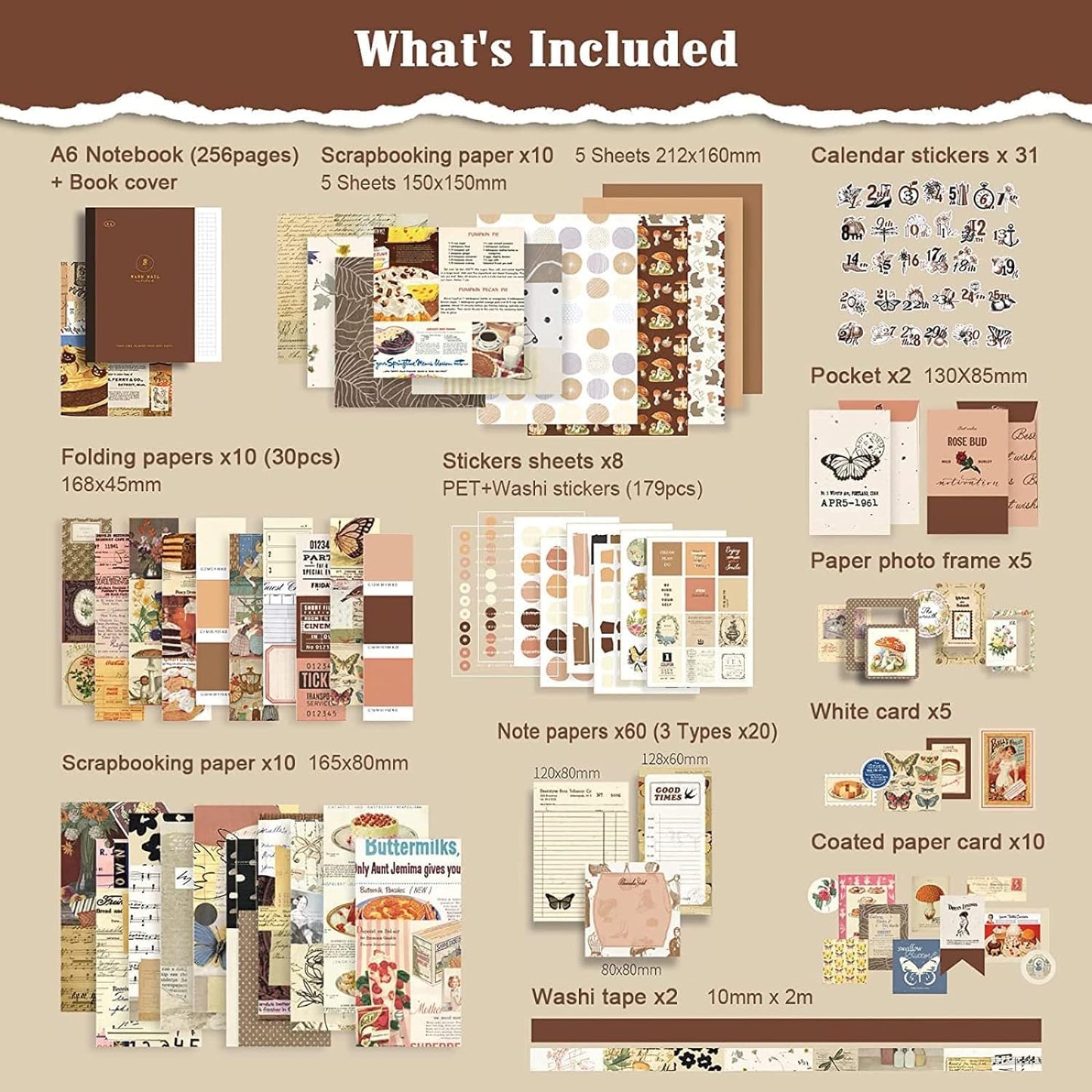 Cozy Café Journaling Kit – 346pcs Vintage Brown Scrapbook Supplies