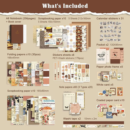 Cozy Café Journaling Kit – 346pcs Vintage Brown Scrapbook Supplies