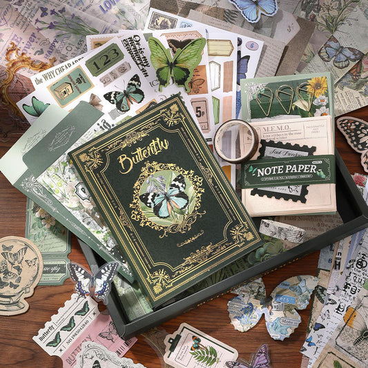 Emerald Butterfly Journal Kit – Gold Foiled Green Aesthetic Scrapbook Set